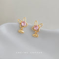 Gold Bunny Pink Crystal Stud Earrings Carrot Charm Drop view 1