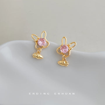 Gold Bunny Pink Crystal Stud Earrings Carrot Charm Drop