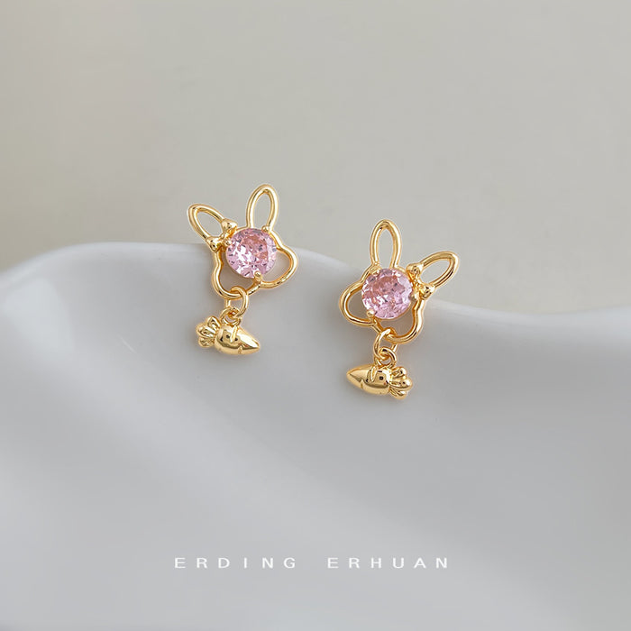 Gold Bunny Pink Crystal Stud Earrings Carrot Charm Drop