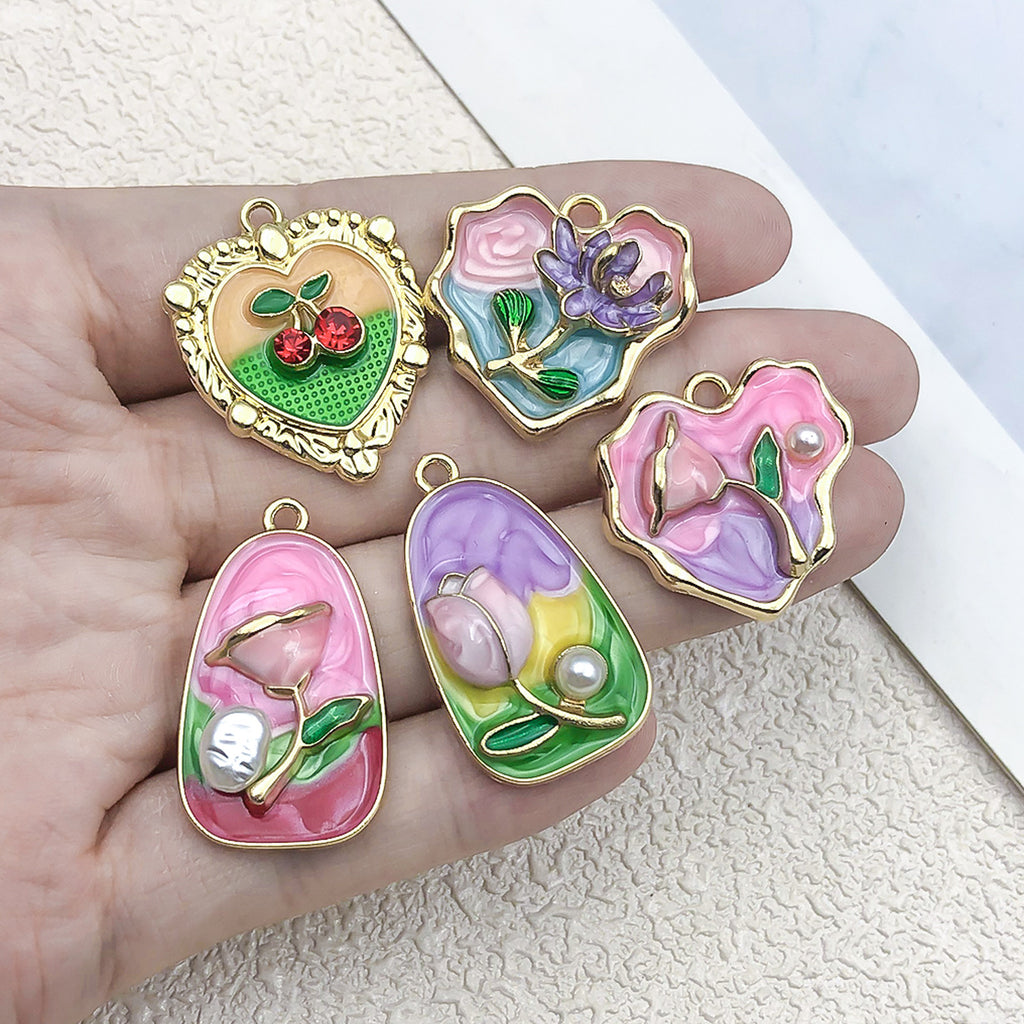 Vintage Enamel Zinc Alloy French Flower Charm Pendant for DIY Earrings Necklace Jewelry