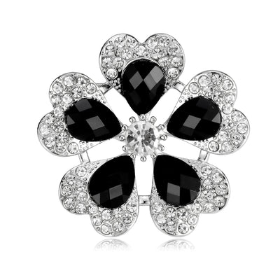 Front product view of black and white crystal flower brooch