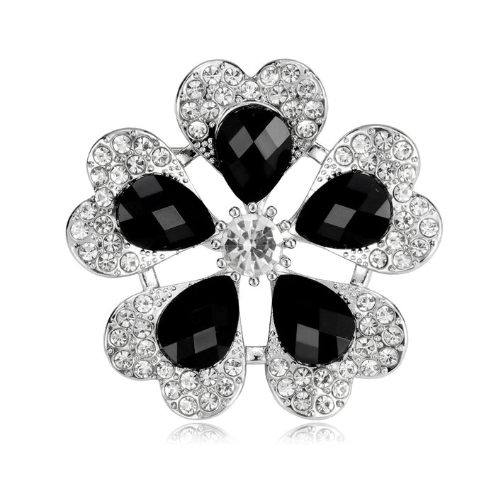 Black White Flower Crystal Metal Brooch Pin for Jackets and Lapels