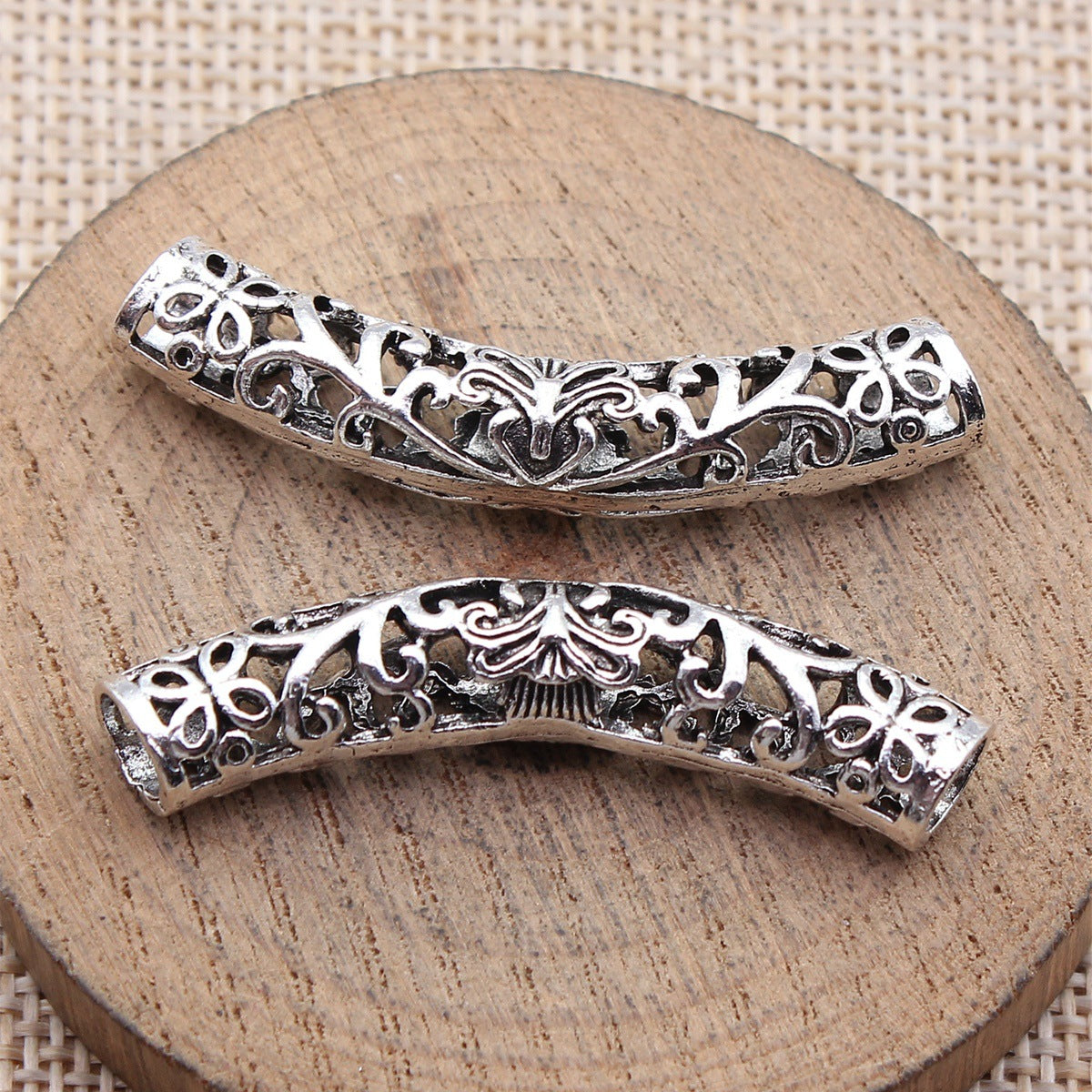 46x13x8mm 5.1g Antique Silver Zinc Alloy Rattan Bracelet Curved Tube Spacer Beads for Jewelry Making