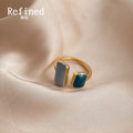 Gold Geometric Open Ring Gray Teal Enamel Rectangle Ends view 1
