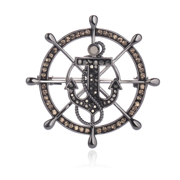 Ship Wheel and Anchor Brooches in Silver and Dark Metal Tones