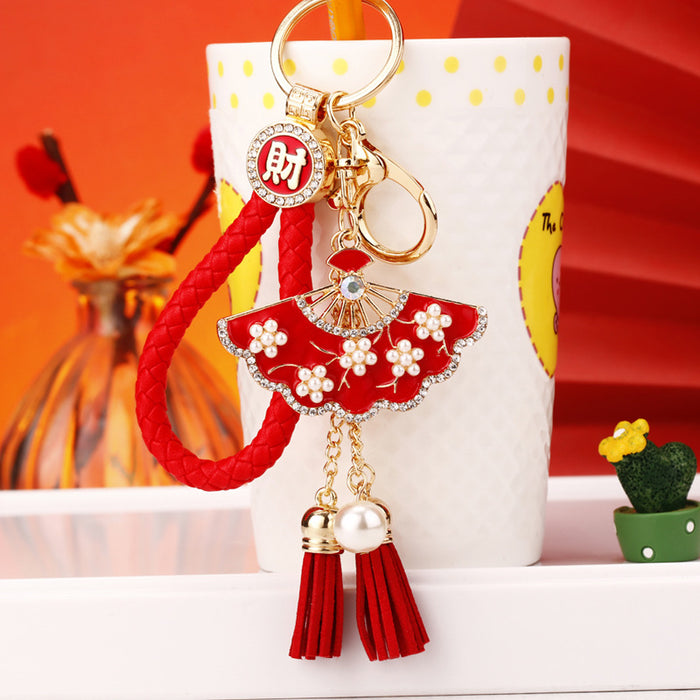Pearl Flower Fan Tassel Keychains in Three Colors with Fortune and Plain Loops