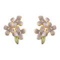 Gold Tone Lavender Flower Cluster And Green Leaf Stud Earrings view 5