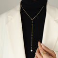 Y Lariat Necklace Faux Pearl Drop Satellite Bead Chain Metal view 4