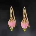 Gold Tone Pink Tulip Flower Hook Earrings with Enamel Detail view 2