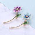 Enamel Daisy Flower Brooch Long Stem Green Leaf Gold Tone view 1
