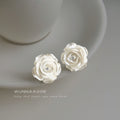 White Pearlescent Layered Rose Clear Stone Center Stud Earrings view 1