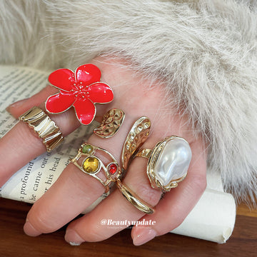 Gold Open Ring Set Red Enamel Flower Pearl Six Piece