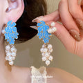 Blue Leaf and Pearl Cluster Drop Earrings Jewelry Pair view 1