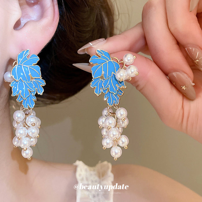 Blue Leaf and Pearl Cluster Drop Earrings Jewelry Pair