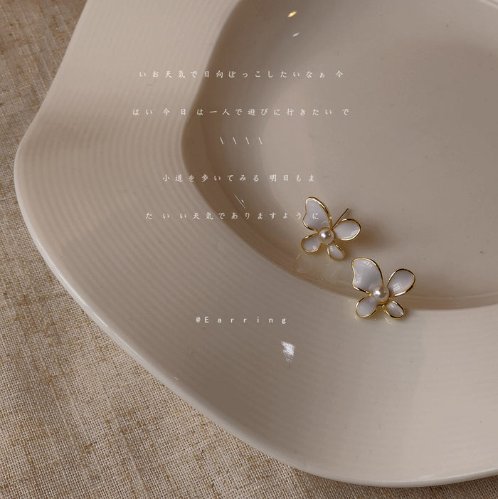 Gold Tone White Four Petal Flower Stud Earrings For Women