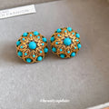 Gold Tone Turquoise Stone Floral Openwork Stud Earrings view 3
