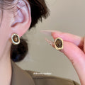 Gold Tone Brown Oval and Round Cabochon Stud Earrings view 4