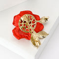 Sculpted Red Rose Brooch With Three Clear Crystal Leaves view 3