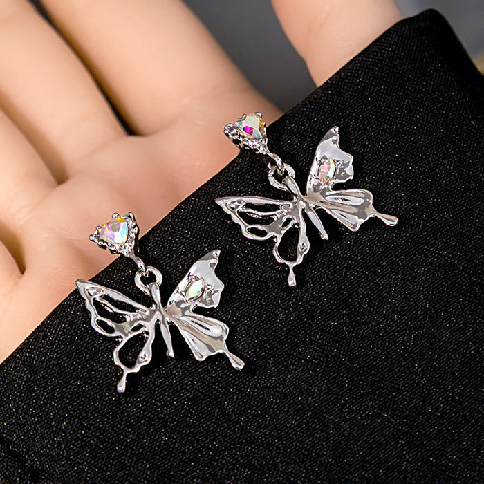 Silver Tone Clear Accent Butterfly Dangle Earrings