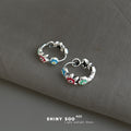 Silver Oxidized Enamel Flower Star Mini Hoop Earrings view 3