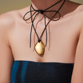 Leather Cord Long Pendant Necklace Heart Geometric Gold Steel view 4