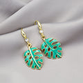 Green Monstera Leaf Gold Tone Botanical Long Hook Earrings view 3