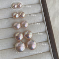 Pink Iridescent Round Pearl Stud Earrings In Five Sizes view 6