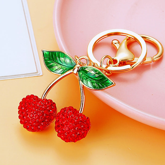 Jeweled Double Cherry Keychains in Red Pink Green and Assorted Colors