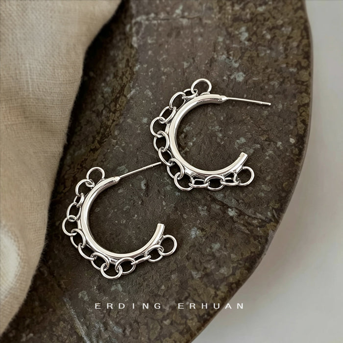 Silver Thick C Hoop Outer Chain Link Earrings Style