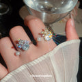 Butterfly Pearl Crystal Open Rings Gold Silver Tones view 1