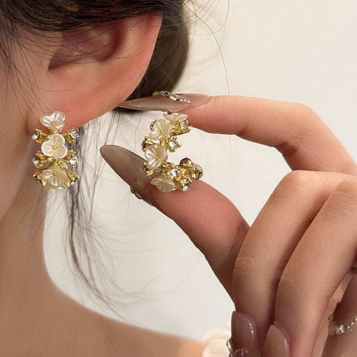 Gold White Flower Cluster Small Hoop Stud Earrings