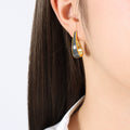 Gold Steel Teardrop Enamel Hoop Stud Earrings Grey Green view 7