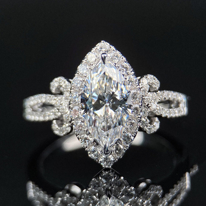 Silver Tone Marquise CZ Halo Openwork Band Finger Ring