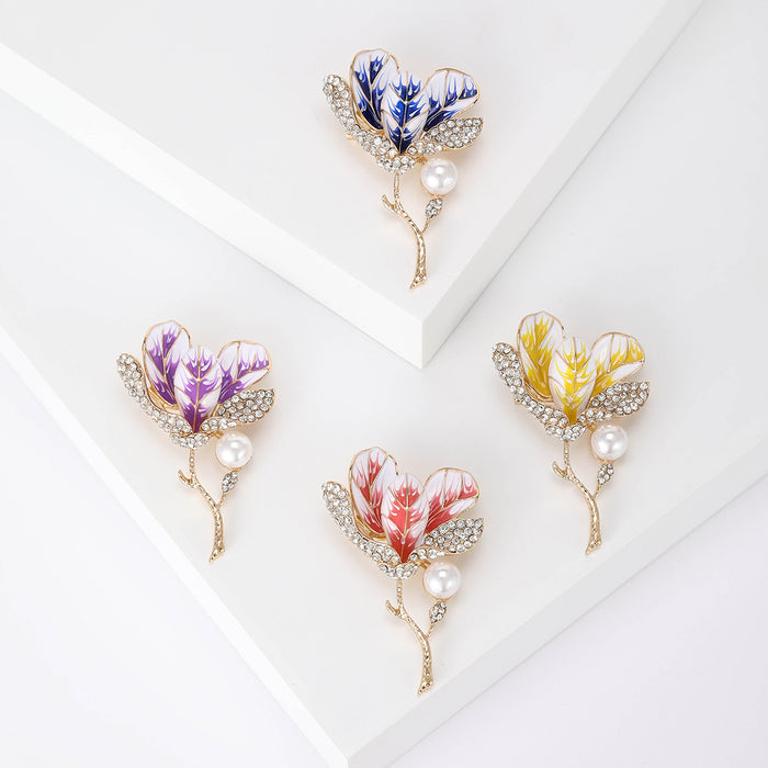 Enamel Magnolia Flower Brooch Pearl Stem Four Color Styles