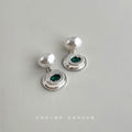 Silver Tone White Pearl Top Green Oval Medallion Drop Earrings view 4