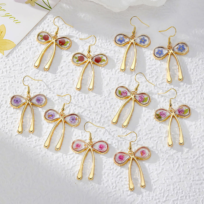 Gold Bow Resin Dried Flower Pendant Earrings 5 Styles