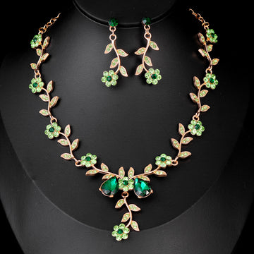 Black Silver Tone Flower Crystal Five Designs Metal Necklace and Earring Set