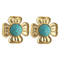 Gold Four Petal Flower Turquoise Cabochon Stud Earrings view 5