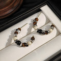 Brown Cream Black Beaded Mosaic Pattern Hoop Earrings view 3