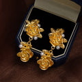 Gold Tone Double Rose Extra Long Dangle Stud Earrings view 6