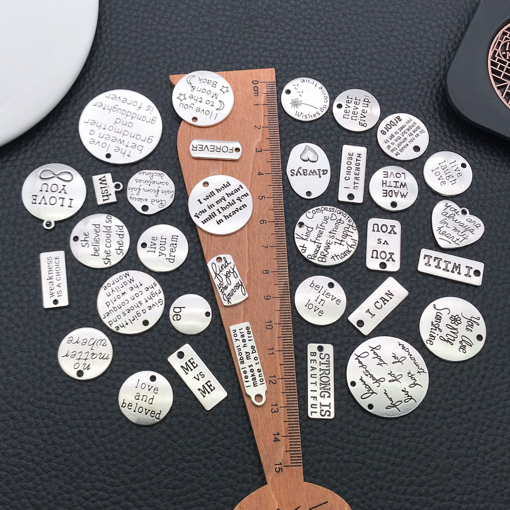 Antique Silver Iron Inspirational English Word Plate Charm Pendant for DIY Necklace Keychain