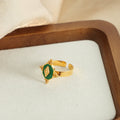 Gold Open Ring Green Enamel Hexagon Diamond Motif Beads view 2