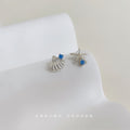 Silver Seashell Starfish Blue Stone Asymmetric Stud Earrings view 1