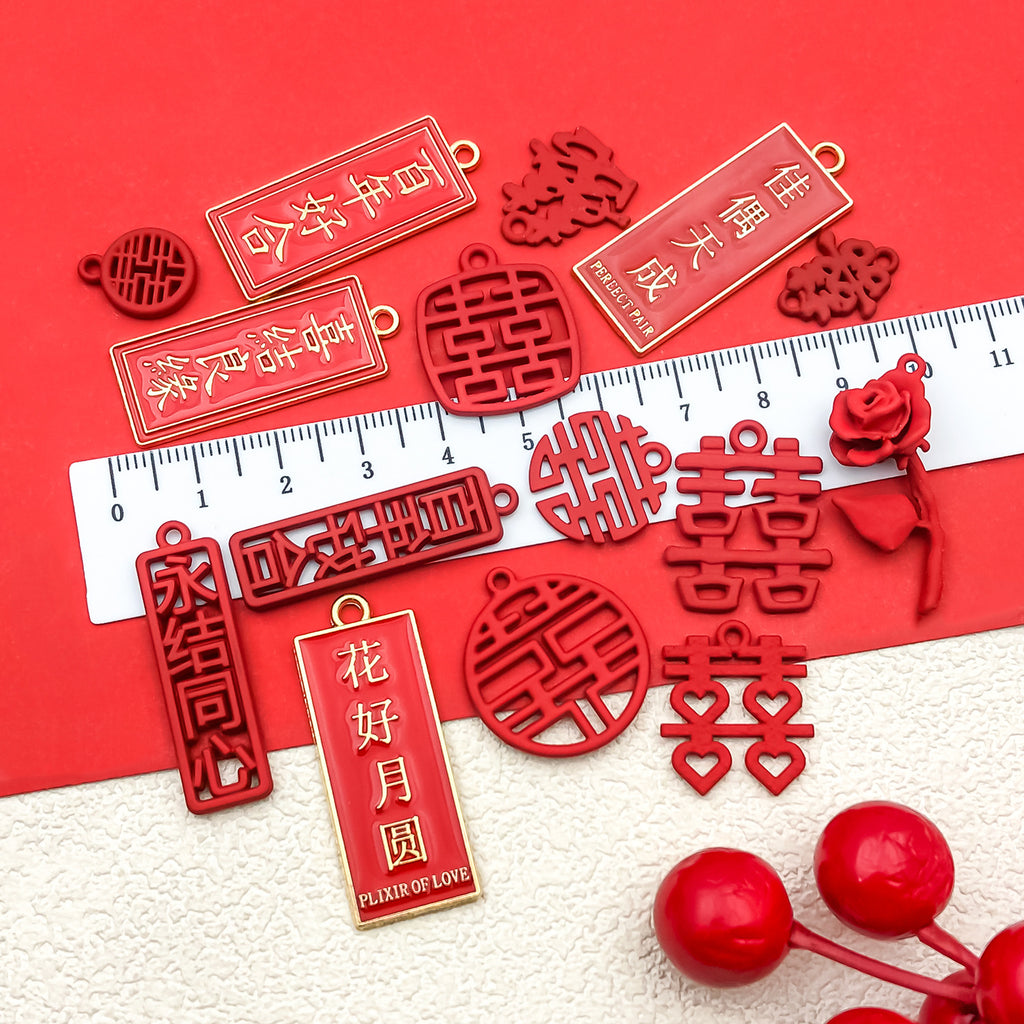 Zinc Alloy Double Happiness Square Charm Pendant for Wedding Candy Box DIY Decoration