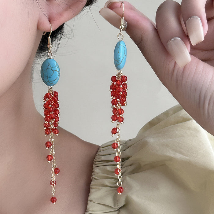 Turquoise Look Oval and Red Bead Cascade Hook Earrings