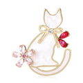 White Board Cat Brooch Rhinestone Flower Bow Gold Silver view 1