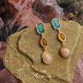 Gold Color Block Triple Drop Earrings Teal Amber Pink Stones view 4