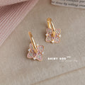 Gold Pink Enamel Floral Hoop Huggie Earrings CZ Accents view 3
