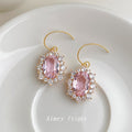 Gold Tone Pink Oval Faceted Stone Clear Halo Hook Earrings view 3