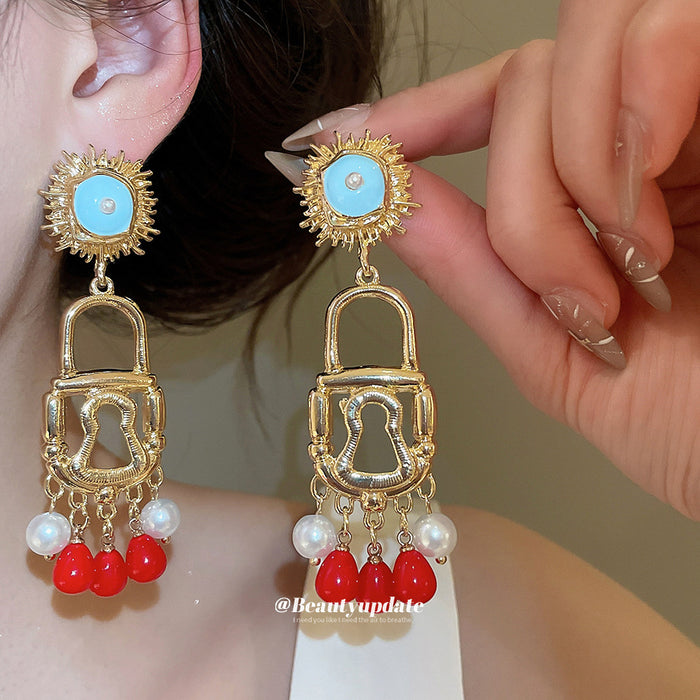Padlock Pearl and Red Bead Fringe Drop Earrings Fashion Jewelry